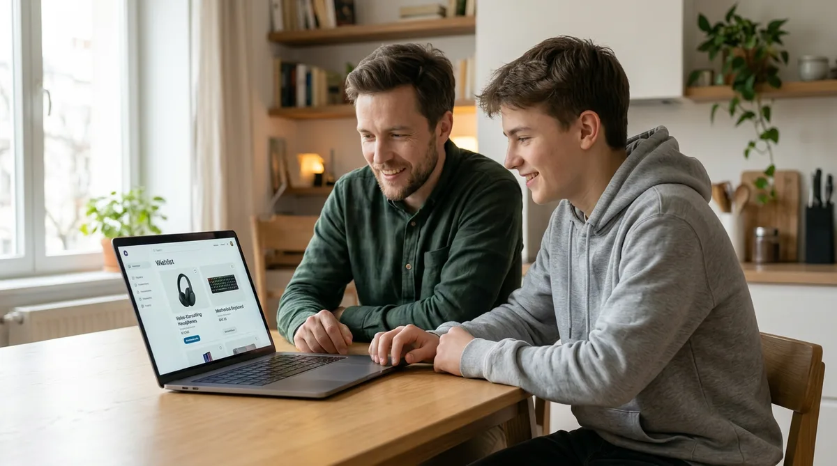 Дима с выпускником сидят за ноутбуком и составляют список желаний — на экране открыт интерфейс вишлиста