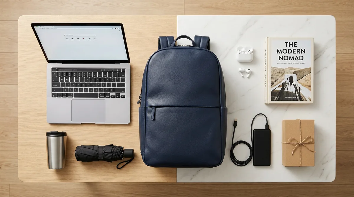 На столе разложены типичные подарки выпускнику — ноутбук, наушники, рюкзак, книга, термокружка и зонт