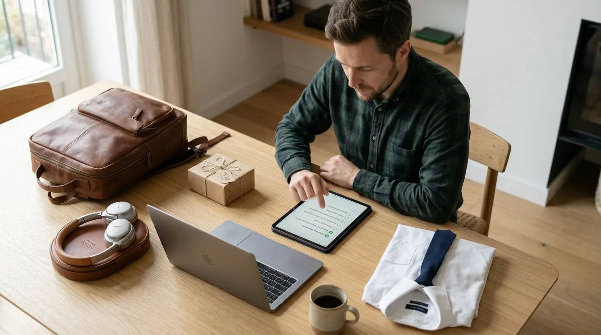 Дима стоит рядом с выпускником в строгой рубашке возле стола с подарками — наушниками, чемоданом, ноутбуком, конвертом и открыткой