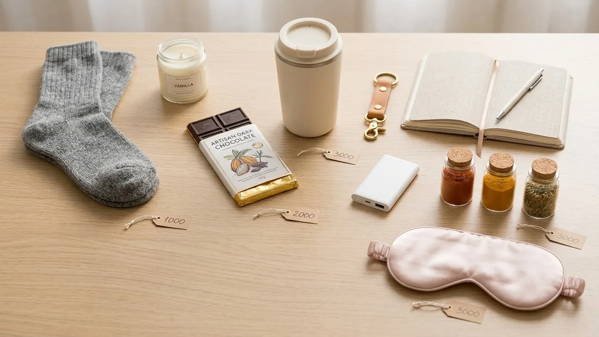 Flat-lay бюджетных подарков: носки, свеча, шоколад, термокружка, блокнот, пауэрбанк на деревянном столе
