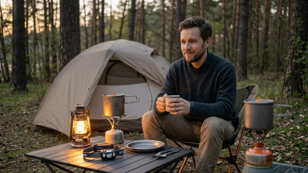 Мужчина у горелки и палатки в кемпинге весной — вечерний свет, термокружка в руке