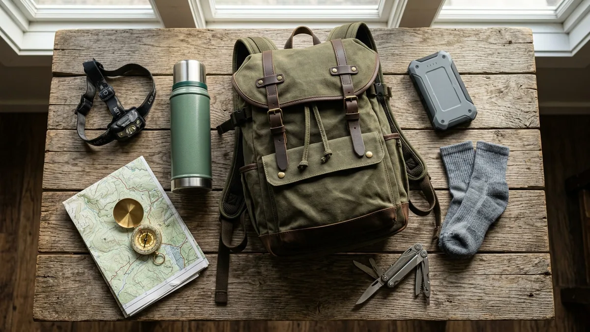 Экипировка для активного отдыха: рюкзак, налобный фонарь, термос, компас, карта и пауэрбанк на деревянном столе