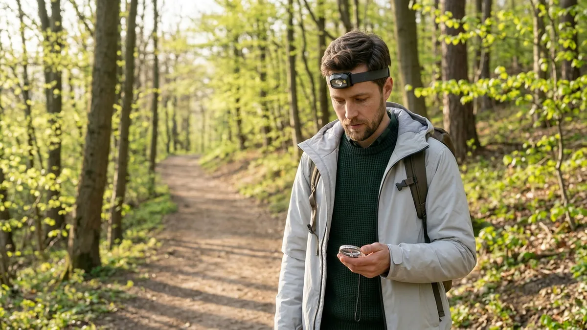 Мужчина в casual-smart стиле с налобным фонарём и рюкзаком на лесной тропе — весенний хайк