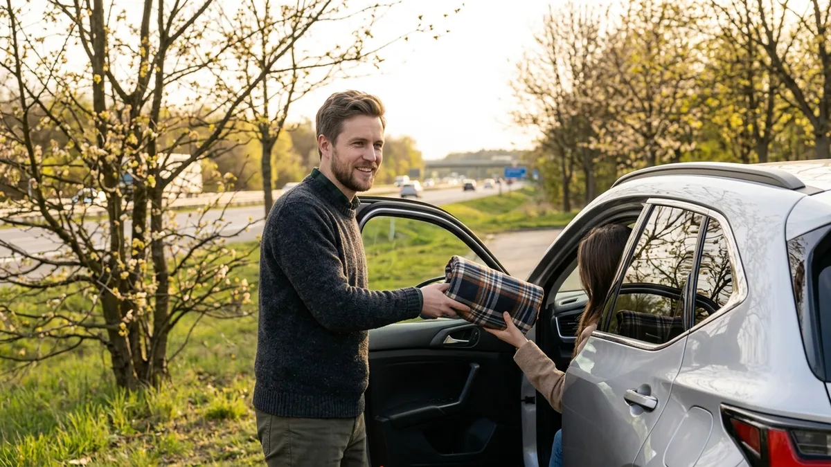 Дима передаёт плед пассажирке в машине на остановке во время майского автопутешествия