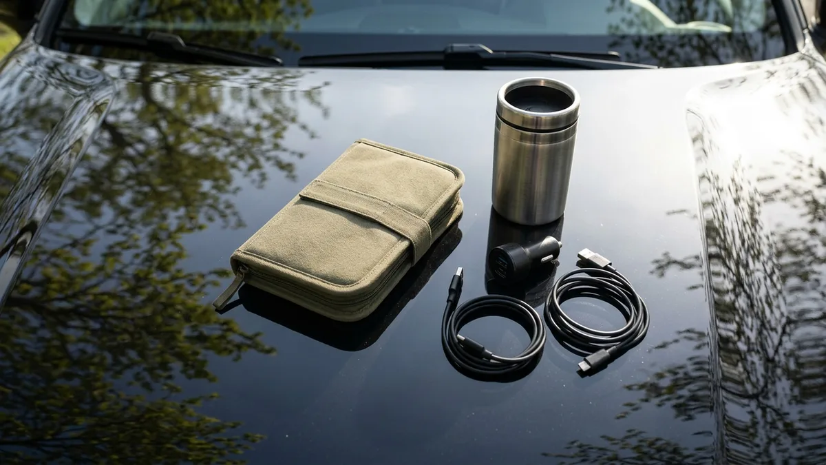 Крупный план: дорожный органайзер, термокружка и автомобильная зарядка на капоте автомобиля