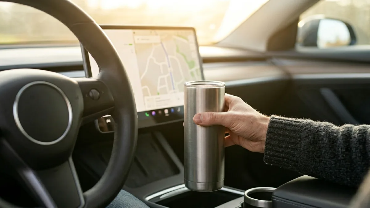 Рука Димы ставит термокружку в подстаканник автомобиля, руль и приборная панель на переднем плане