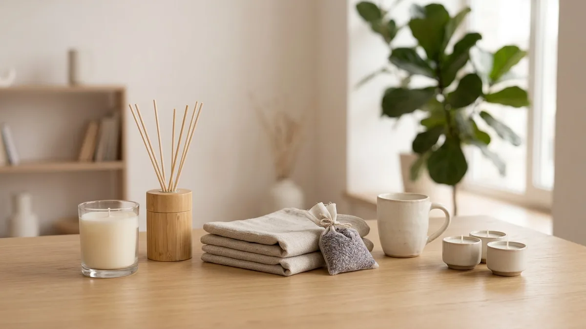 Уютный набор: свеча в стеклянной банке, диффузор, льняные полотенца и деревянная доска