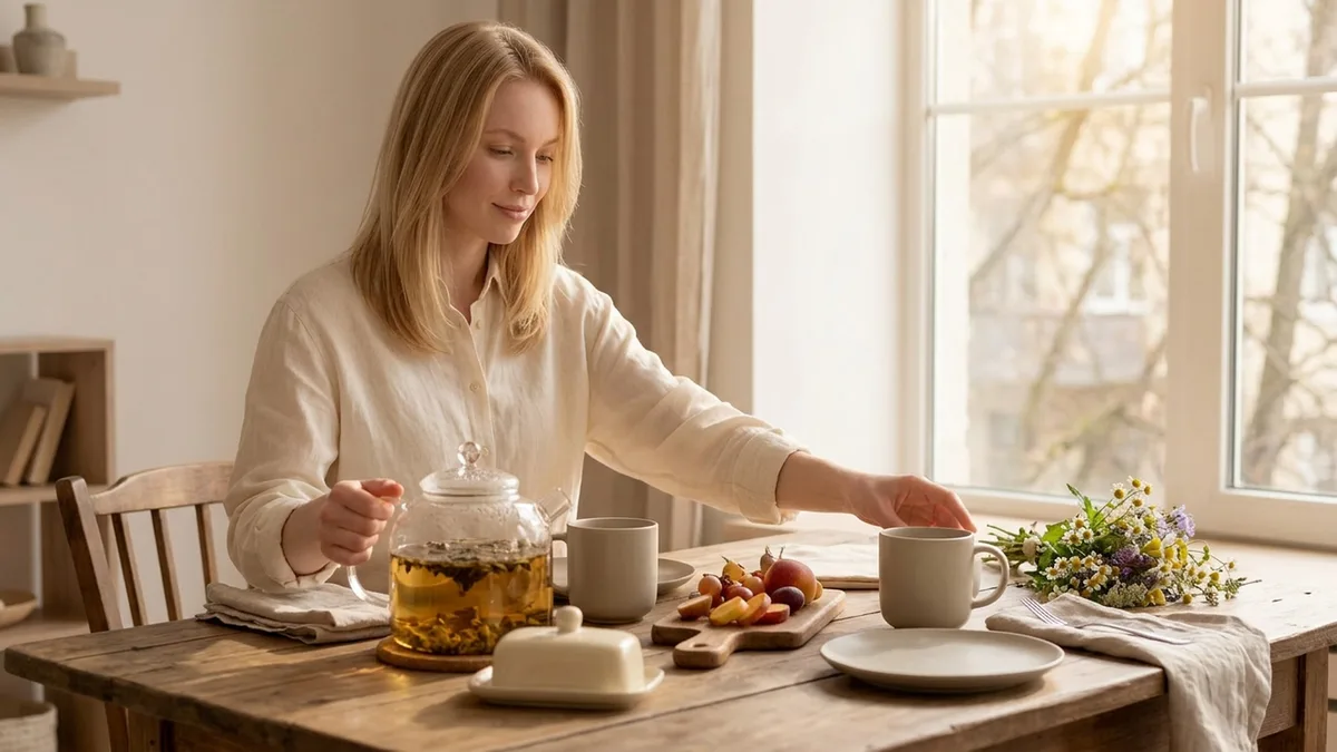 Маша выставляет на деревянном столе сервировку: чайник, кружки, масленку и доску для сыра