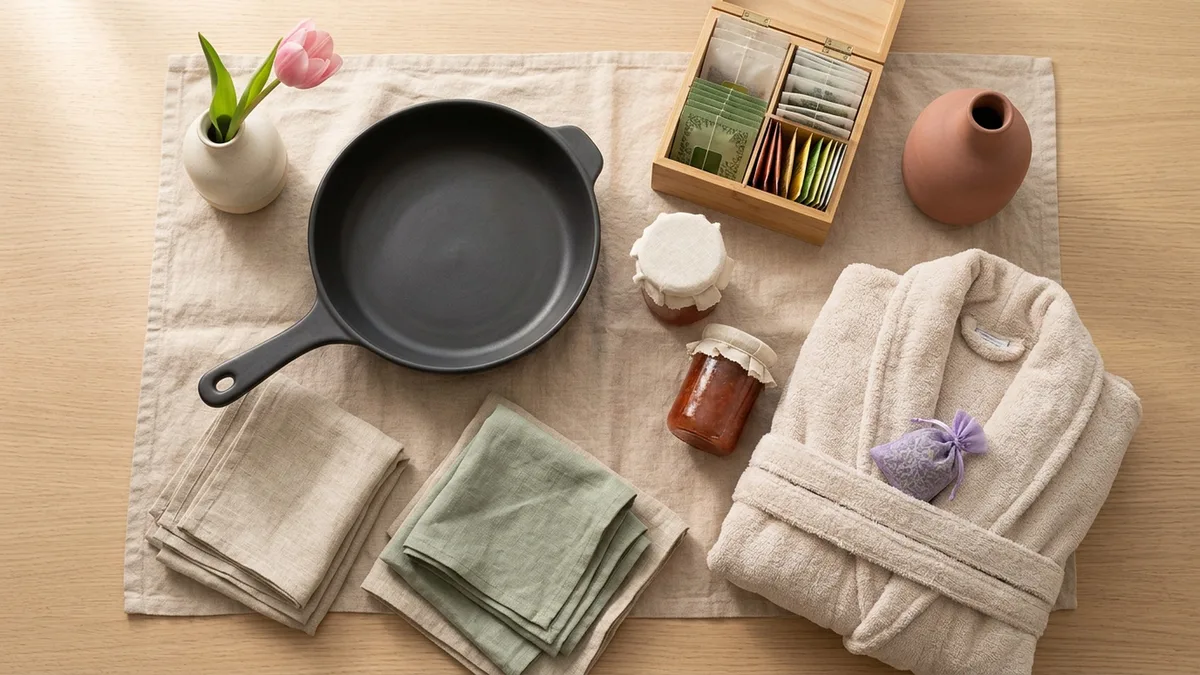 Подарки маме на майские: керамическая сковорода, льняные кухонные полотенца, мягкий махровый халат, баночка варенья, набор травяного чая, весенний тюльпан