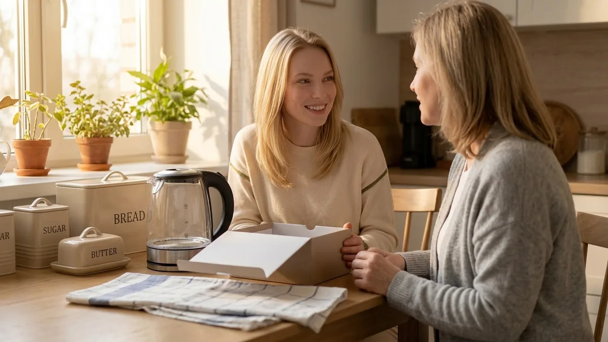 Маша помогает маме разобрать подарочный набор для кухни на столе — совместное занятие