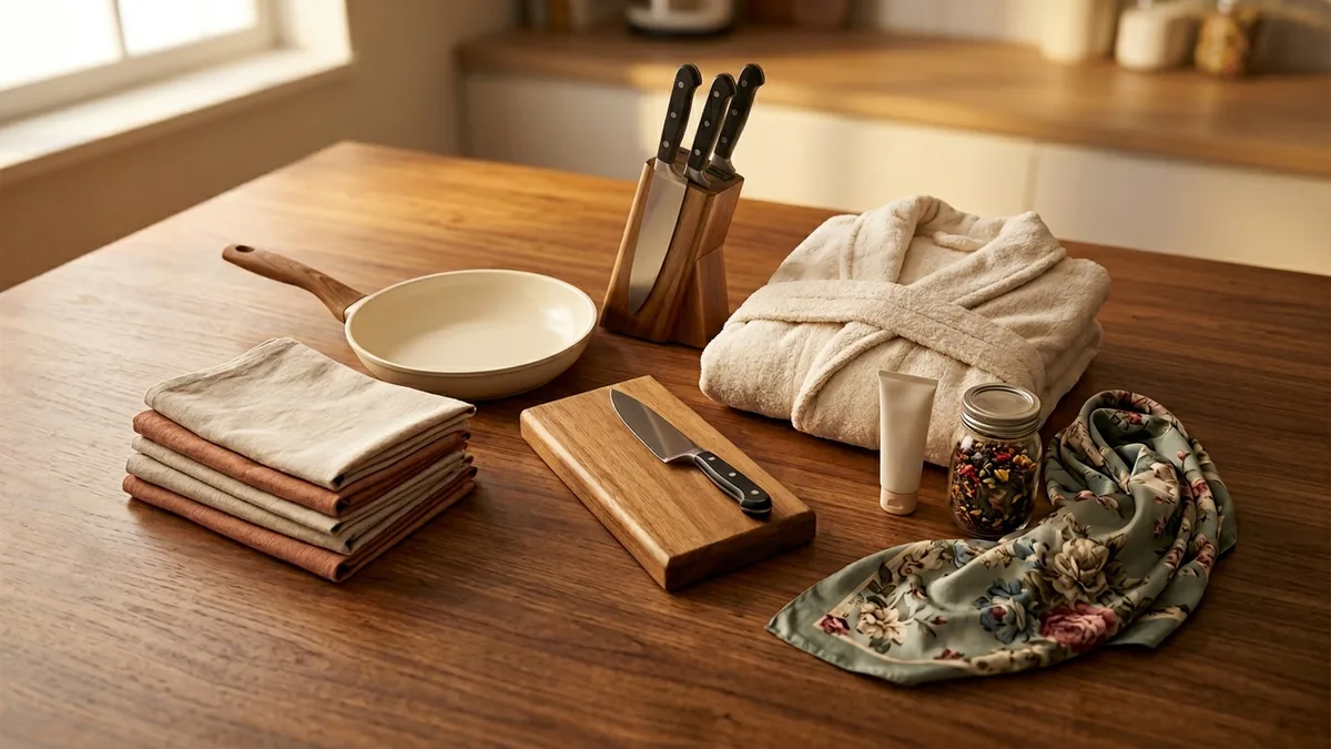 Подарки маме: плотные льняные полотенца, керамическая сковорода, нож, халат и чайный набор