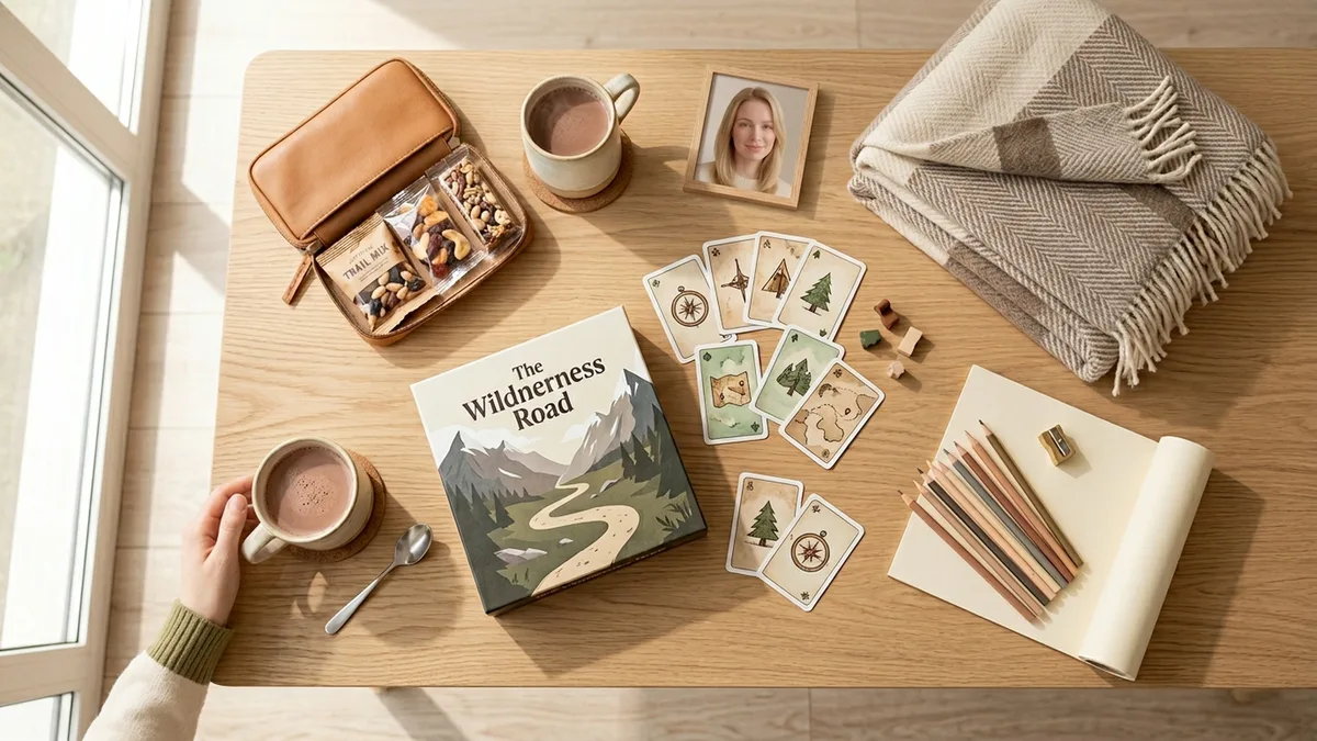 Подборка подарков для семьи с детьми: настольная игра, плед, наборы для творчества и дорожные снэки на деревянном столе