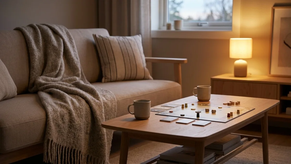 Уютная гостиная: на диване плед, термокружки на столе, настольная игра в процессе — семейный вечер без экранов