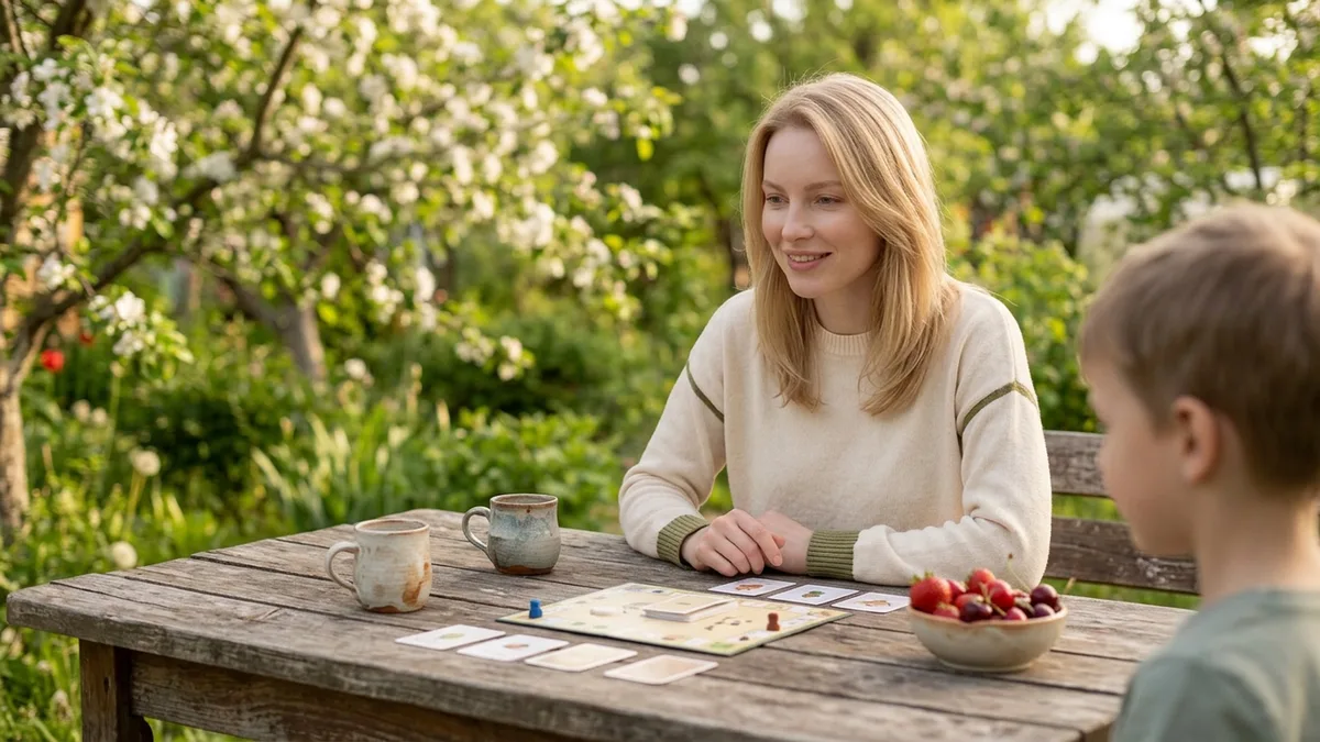Маша с ребёнком играют в настольную игру на дачной террасе, на столе чай и тарелка с фруктами