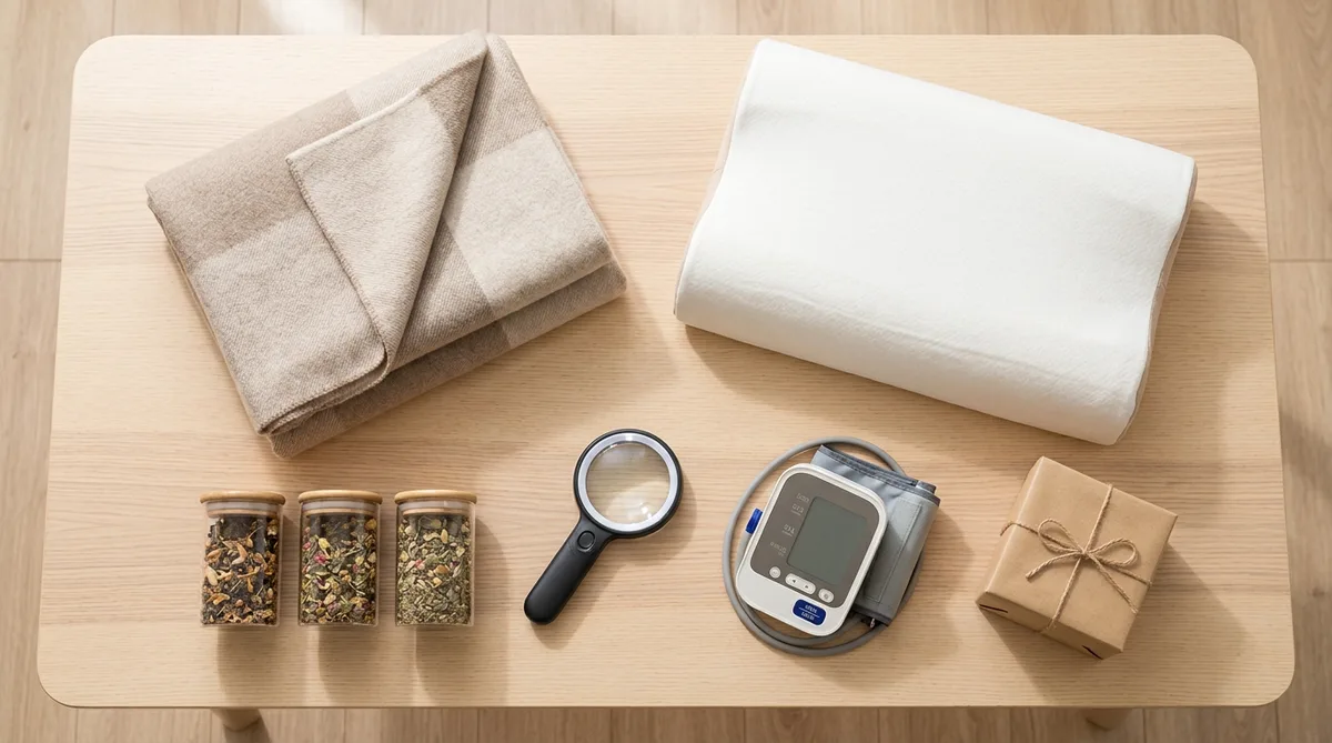 На столе разложены подарки для пожилого человека — тёплый плед, ортопедическая подушка, набор чая в баночках, лупа с подсветкой и тонометр