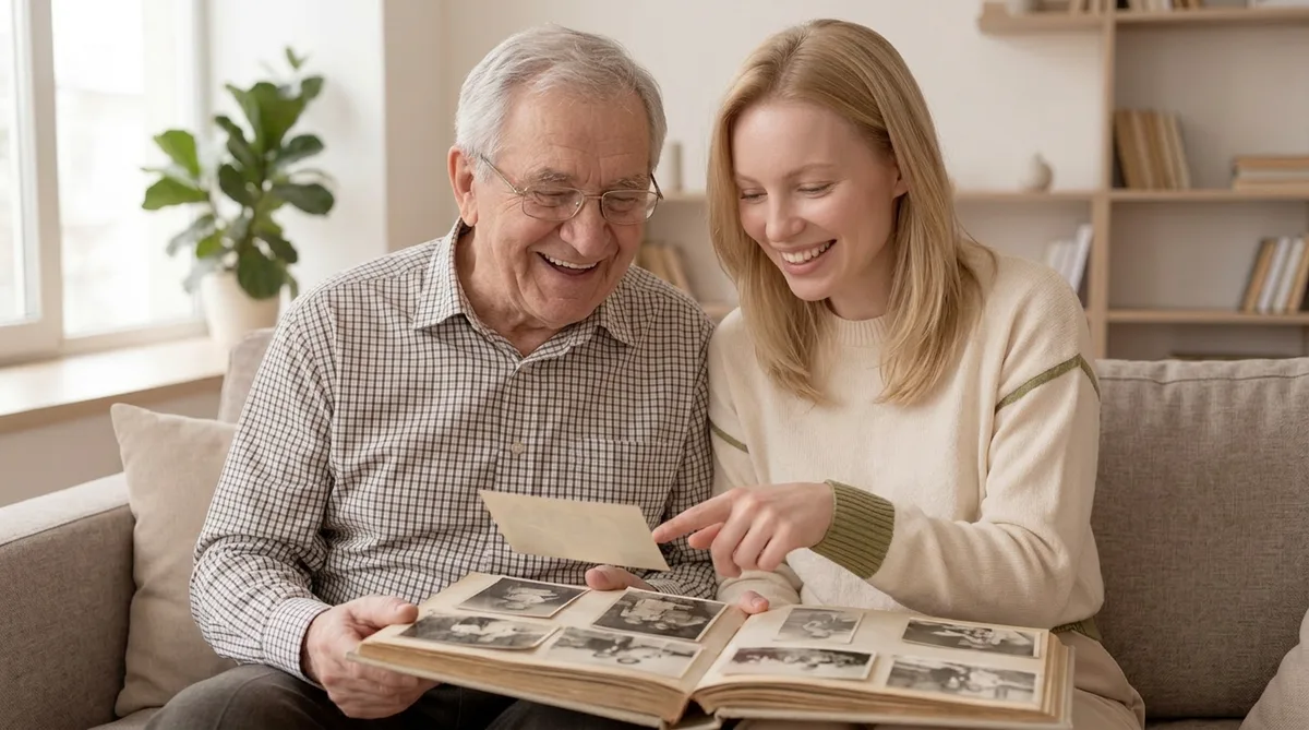 Маша в светлой комнате показывает дедушке семейный фотоальбом со старыми снимками — оба улыбаются и обсуждают фото