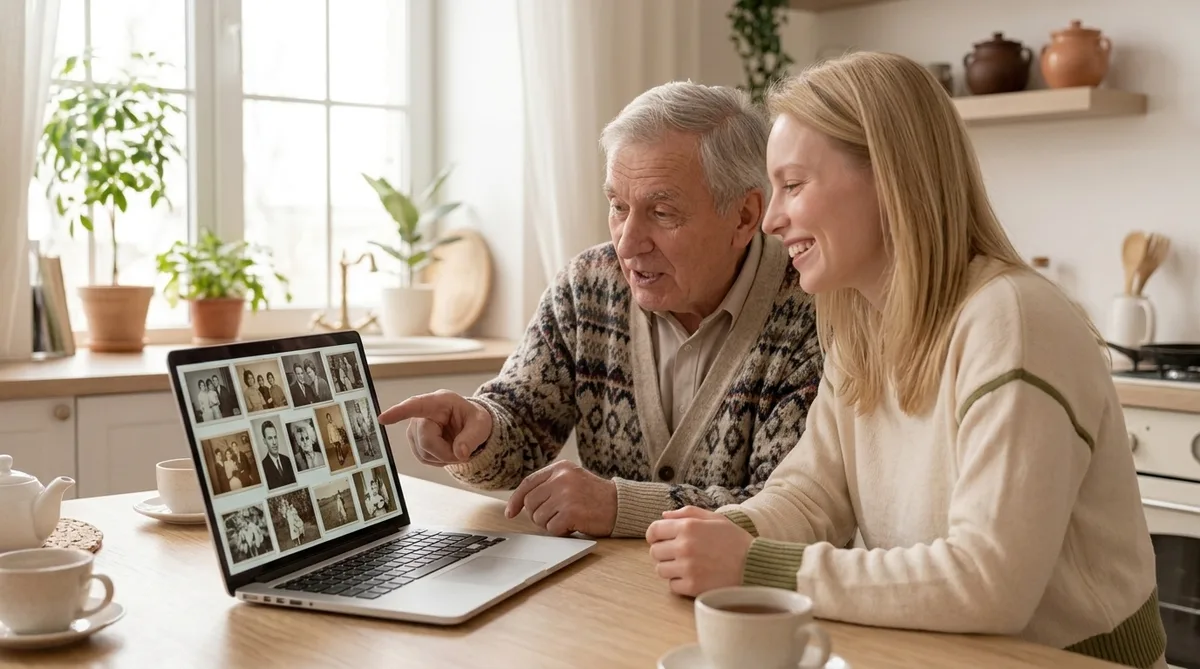 Маша и дедушка вместе сидят за ноутбуком и смотрят оцифрованные старые фотографии семьи 1960-х годов