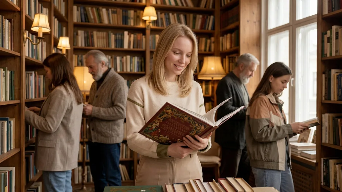 Уютный книжный магазин, полки с книгами и человек выбирает подарочное издание