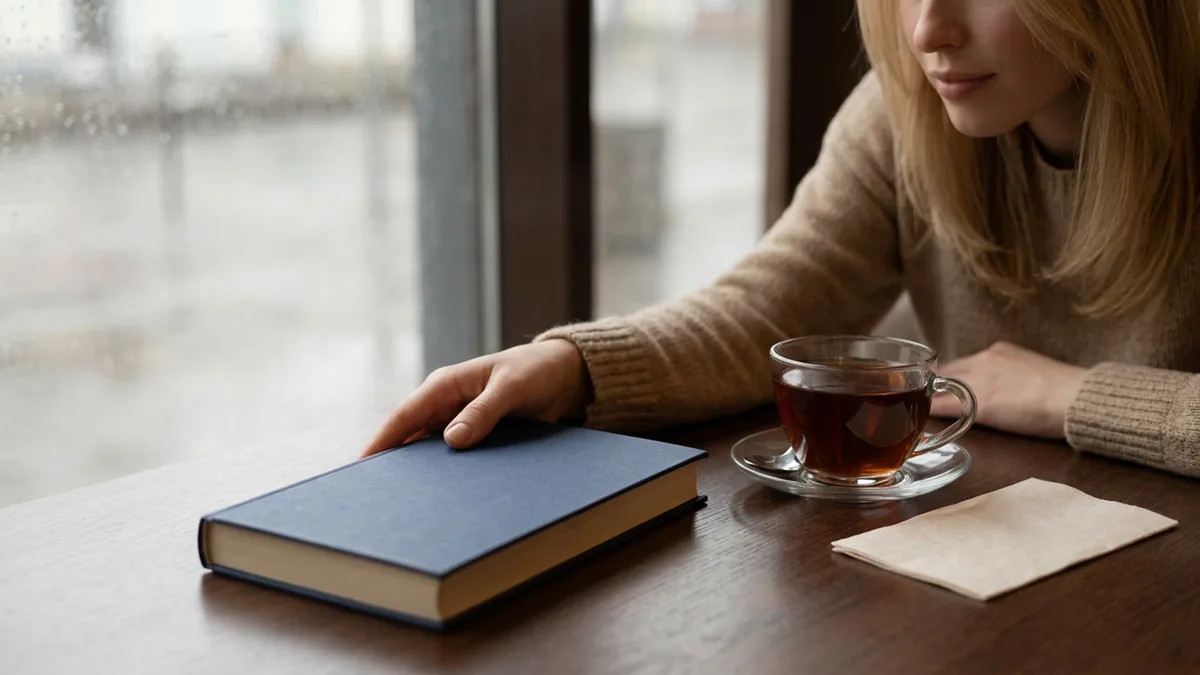 Книга и мелочь по разговору: безопасный первый подарок Девушка достаёт из сумки книгу и кладёт её на столик кафе