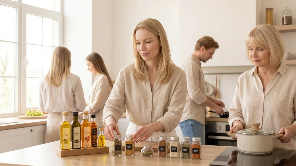 Как не промахнуться со вкусом гастрономического подарка Женщина на кухне выбирает набор специй и масла для подарка